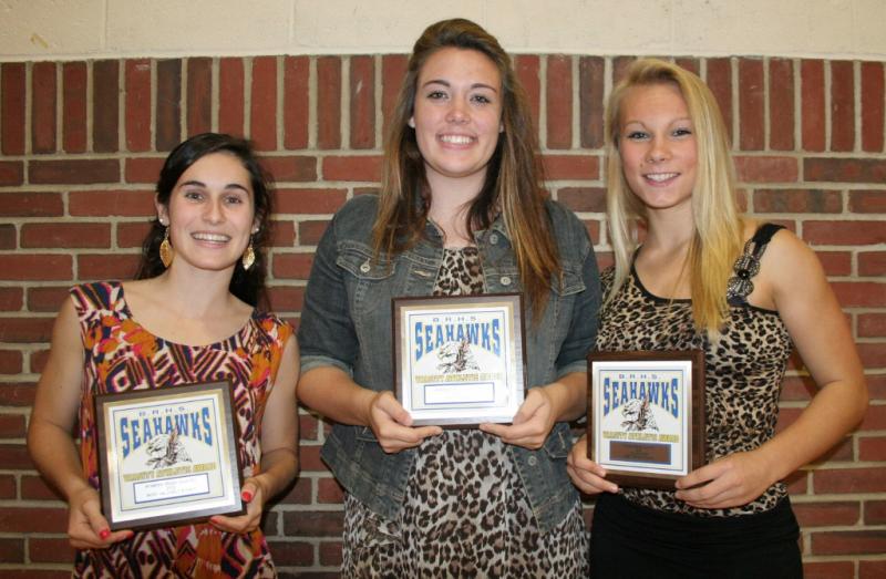 Girls' Cross-Country plaque winners, from left, Sophia Thayer, most valuable; Allison Crocker, coaches award; Morgan Crocker, most improved. KEVIN BURNHAM/Boothbay Register Girls' Cross-Country plaque winners, from left, Sophia Thayer, most valuable; Allison Crocker, coaches award; Morgan Crocker, most improved. KEVIN BURNHAM/Boothbay Register