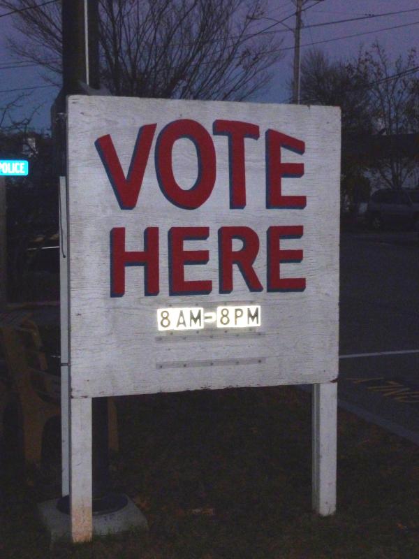 The sign outside the Boothbay Harbor town office telling residents where to vote. The sign outside the Boothbay Harbor town office telling residents where to vote.