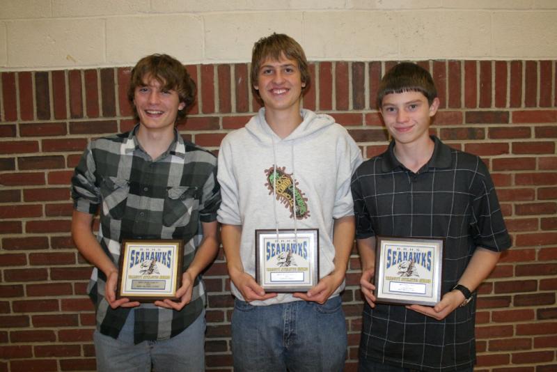 Boys' Cross-Country plaque winners, from left, Alex Owen, most valuable; Kade Smith, coaches award; Kyle Carty, most improved. KEVIN BURNHAM/Boothbay Register Boys' Cross-Country plaque winners, from left, Alex Owen, most valuable; Kade Smith, coaches award; Kyle Carty, most improved. KEVIN BURNHAM/Boothbay Register
