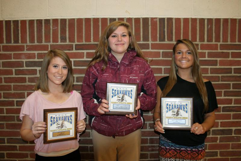 Field Hockey plaque winners, from left, Kirsten Latter, most improved; Madison McCarthy, most valuable; Brooke Alley, coaches award. KEVIN BURNHAM/Boothbay Register Field Hockey plaque winners, from left, Kirsten Latter, most improved; Madison McCarthy, most valuable; Brooke Alley, coaches award. KEVIN BURNHAM/Boothbay Register