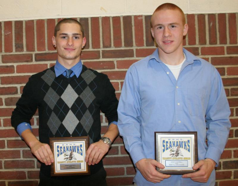 Football plaque winners, from left, Jesse Peters, coaches award; Cormac Miller, most valuable. Missing is Antonio Maulolo, most improved. KEVIN BURNHAM/Boothbay Register Football plaque winners, from left, Jesse Peters, coaches award; Cormac Miller, most valuable. Missing is Antonio Maulolo, most improved. KEVIN BURNHAM/Boothbay Register