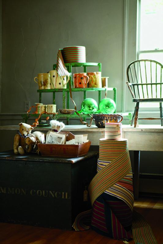 The Marston House includes finds from all over the world: a painted French garden stand; an 18th century child-size English chair; witches balls from Brimfield, Mass; pottery pitchers from France; and rolls of 1850s espadrille fabric. The Marston House includes finds from all over the world: a painted French garden stand; an 18th century child-size English chair; witches balls from Brimfield, Mass; pottery pitchers from France; and rolls of 1850s espadrille fabric.