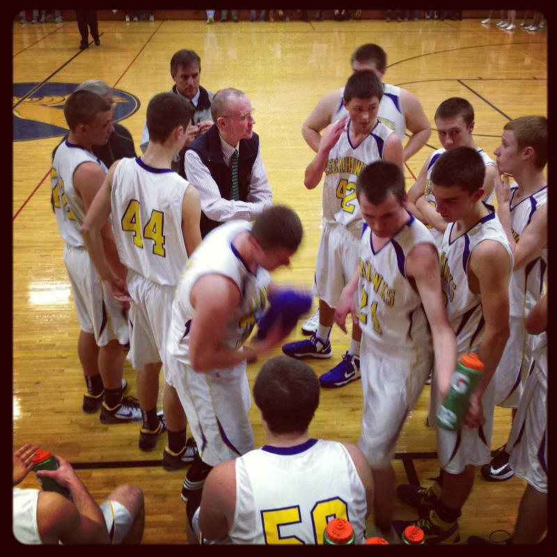 Coach L.J. Pinkham talks shop with the team before the start of the fourth quarter. BEN BULKELEY/Boothbay Register Coach L.J. Pinkham talks shop with the team before the start of the fourth quarter. BEN BULKELEY/Boothbay Register