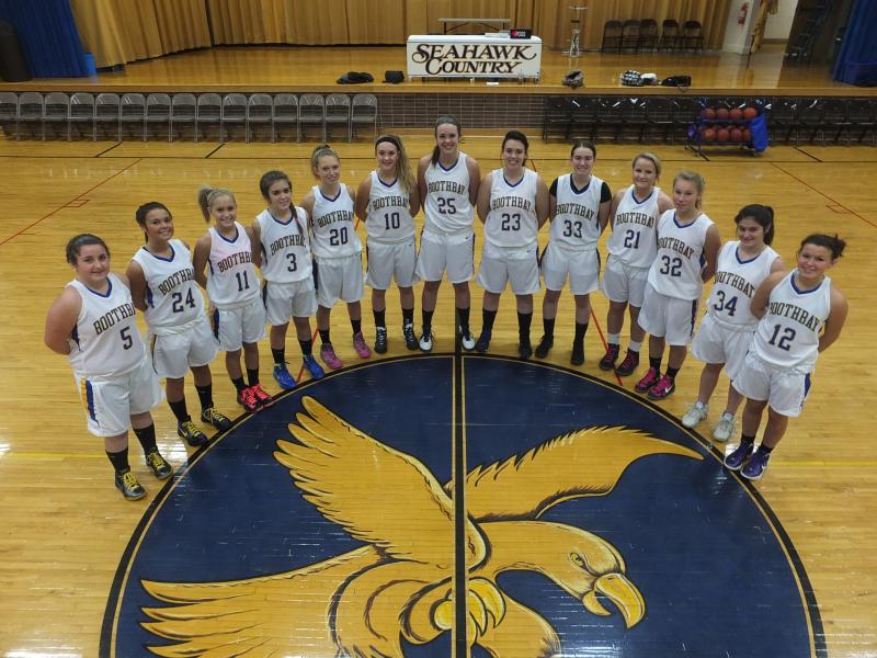 The 2012-2013 Lady Seahawks basketball team, from left, Meghan Oakes, Brooke Alley, Sara Durgan, Ashley Reed, Hannah Morley, Sarah Caron, Alex Clarke, Allison Crocker, Hannah Brewer, Nicole Rice, Morgan Crocker, Genevieve Taylor, Abby McLellan. Missing is Avae Traina. RYAN LEIGHTON/Boothbay Register The 2012-2013 Lady Seahawks basketball team, from left, Meghan Oakes, Brooke Alley, Sara Durgan, Ashley Reed, Hannah Morley, Sarah Caron, Alex Clarke, Allison Crocker, Hannah Brewer, Nicole Rice, Morgan Crocker, Genevieve Taylor, Abby McLellan. Missing is Avae Traina. RYAN LEIGHTON/Boothbay Register