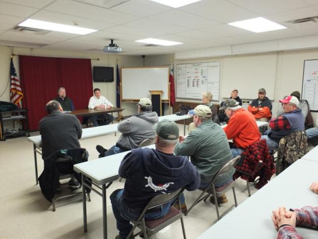 Department of Marine Resources Commissioner Patrick Keliher, External Affairs Director Terry Stockwell and others met with shrimp dealers and members of the Maine Shrimp Trappers Association February 1 to discuss limits on the 2013 shrimp trapping season, which begins February 5. JOHN MAGUIRE/Wiscasset Newspaper Department of Marine Resources Commissioner Patrick Keliher, External Affairs Director Terry Stockwell and others met with shrimp dealers and members of the Maine Shrimp Trappers Association February 1 to discuss limits on the 2013 shrimp trapping season, which begins February 5. JOHN MAGUIRE/Wiscasset Newspaper