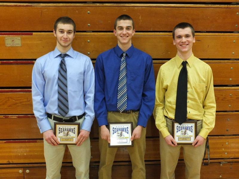 Seahawks Anthony DiMauro (most valuable), John Hepburn (most improved) and Stephen Barter (coaches award). RYAN LEIGHTON/Boothbay Register Seahawks Anthony DiMauro (most valuable), John Hepburn (most improved) and Stephen Barter (coaches award). RYAN LEIGHTON/Boothbay Register