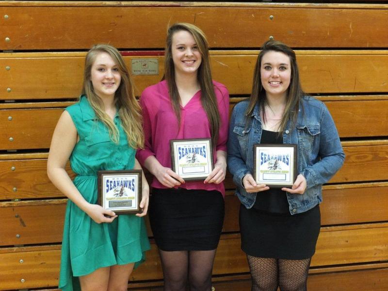 Lady Seahawks senior captains Sarah Caron, Alex Clarke and Allison Crocker all received the most valuable player award from coach Tanner Grover. Below, Grover, MVC coach of the year, thanks all the supporters of Seahawks basketball, while Allan Crocker looks on. RYAN LEIGHTON/Boothbay Register Lady Seahawks senior captains Sarah Caron, Alex Clarke and Allison Crocker all received the most valuable player award from coach Tanner Grover. RYAN LEIGHTON/Boothbay Register