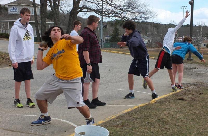 Antonio Maulolo, a new face on the team, is learning the technique of throwing the shot put. RYAN LEIGHTON/Boothbay Register Antonio Maulolo, a new face on the team, is learning the technique of throwing the shot put. RYAN LEIGHTON/Boothbay Register