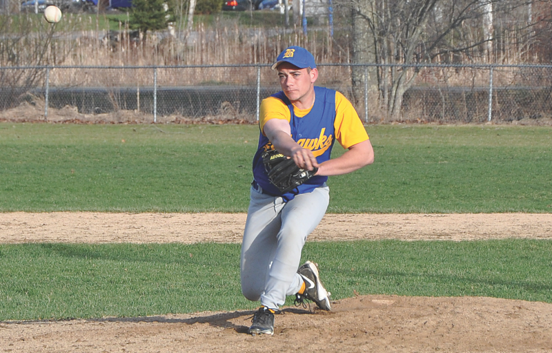 Jared Spofford delivers a pitch in the third inning. Spofford was called in out of the bullpen and promptly fanned a Carrabec batter. BEN BULKELEY/Boothbay Register Jared Spofford delivers a pitch in the third inning. Spofford was called in out of the bullpen and promptly fanned a Carrabec batter. BEN BULKELEY/Boothbay Register
