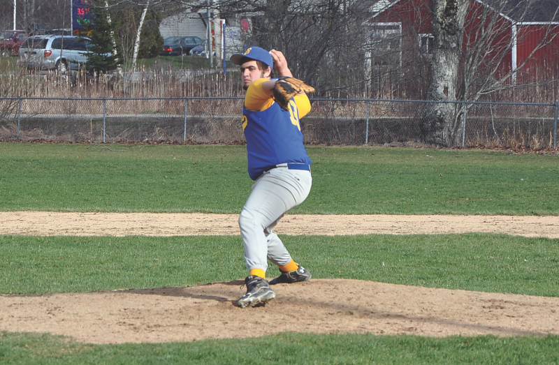 Linc Simmons fires a pitch during the second inning of action of the Boothbay Region High School boys varsity baseball game Monday, April 22. The Seahawks would fall to Carrabec, 14-1. Below: Nick Kilgus connects with a pitch, and Jared Spofford delivers a pitch in the third inning. Spofford was called in out of the bullpen and promptly fanned a Carrabec batter. BEN BULKELEY/Boothbay Register Linc Simmons fires a pitch during the second inning of action of the Boothbay Region High School boys varsity baseball game Monday, April 22. The Seahawks would fall to Carrabec, 14-1. BEN BULKELEY/Boothbay Register