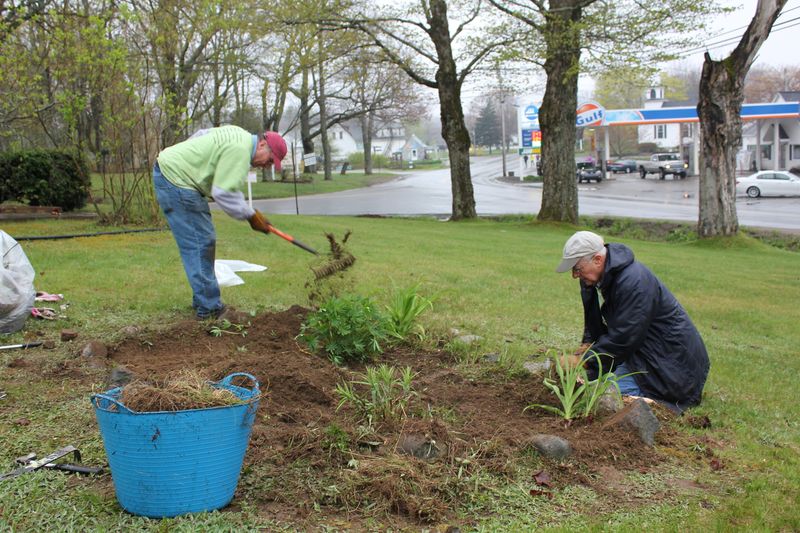 Russ Hoffman, left, and Bob Dent cleaning out the front garden at Boothbay Green. Russ Hoffman, left, and Bob Dent cleaning out the front garden at Boothbay Green.