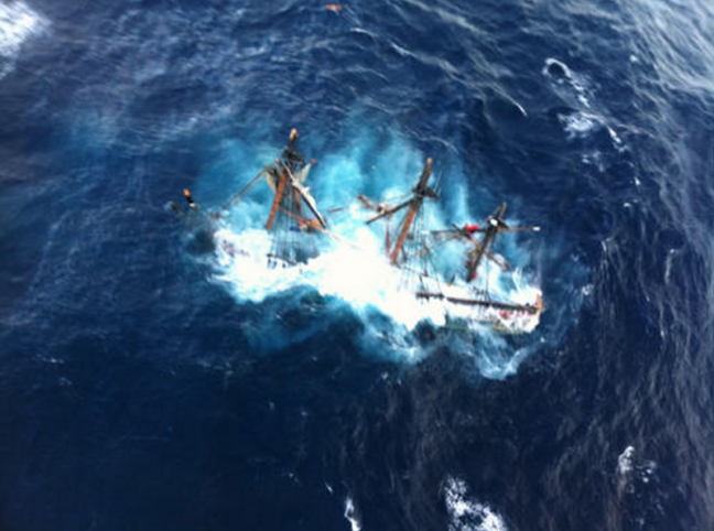 An aerial view of the sinking HMS Bounty. Courtesy Petty Officer 2nd Class Tim Kuklewski, U.S. Coast Guard