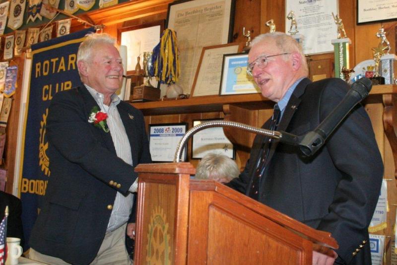 McEvoy shakes his college roommate Ben English's hand. KEVIN BURNHAM/Boothbay Register McEvoy shakes his college roommate Ben English's hand. KEVIN BURNHAM/Boothbay Register