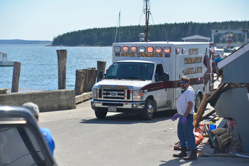 A South Thomaston Ambulance waits for an injured person to be loaded in. (Photo by Ron Hawkes)