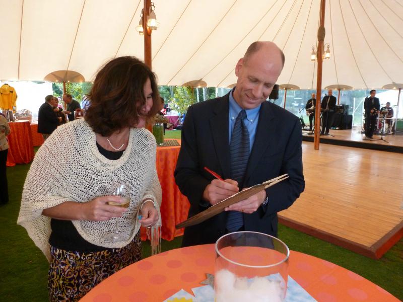 Leslie and Brian Blethen figure out the “Chicken Little” table during the Guess the Fairytale game. KATRINA CLARK/Boothbay Register Leslie and Brian Blethen figure out the “Chicken Little” table during the Guess the Fairytale game. KATRINA CLARK/Boothbay Register