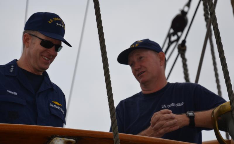Vice Admiral Robert Parker, USCG, and Capt. Wes Pulver, on the bridge of Eagle, a ship that they both have enormous affection for. (Photo by Lynda Clancy)