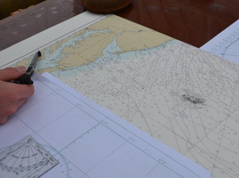 The Eagle spent a few days looping around waters off of Cape May, N.J., playing the wind, practicing a wear or two. The chart was well worn with pencil and eraser marks. (Photo by Lynda Clancy)