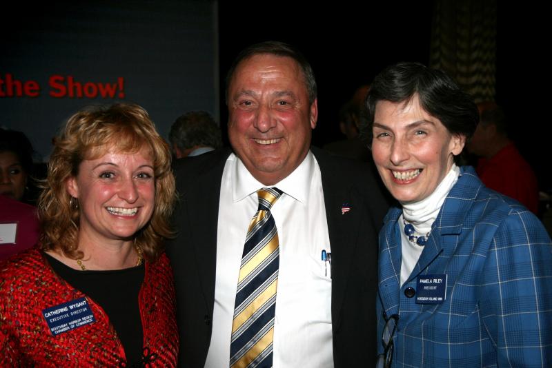 The governor’s visit. Gov. Paul LePage with Catherine Wygant Fossett, left, executive director of the Boothbay Harbor Region Chamber of Commerce, and Pam Riley, president of the Chamber’s board of directors, at the October 1 Business After Hours at the Harbor Theatre. Courtesy of the Boothbay Harbor Region Chamber of Commerce The governor’s visit. Gov. Paul LePage with Catherine Wygant Fossett, left, executive director of the Boothbay Harbor Region Chamber of Commerce, and Pam Riley, president of the Chamber’s board of directors, at the October 1 Business After Hours at the Harbor Theatre. Courtesy of the Boothbay Harbor Region Chamber of Commerce