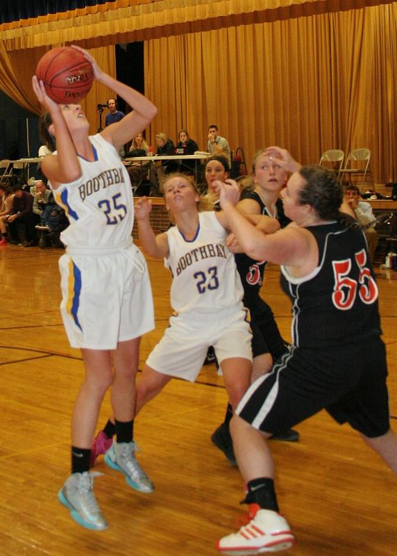 Freshman Nicole Clarke goes up for a shot against Gardiner. KEVIN BURNHAM/Boothbay Register Clarke