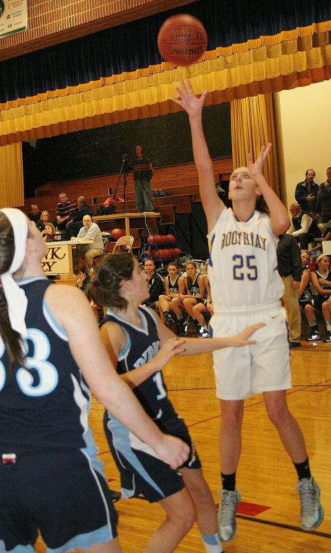 Freshman Nicole Clarke gets a good look on a shot during the first half of Wednesday’s game against Dirigo. KEVIN BURNHAM/Boothbay Register Clarke