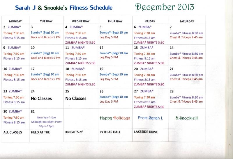 Zumba schedule for December.