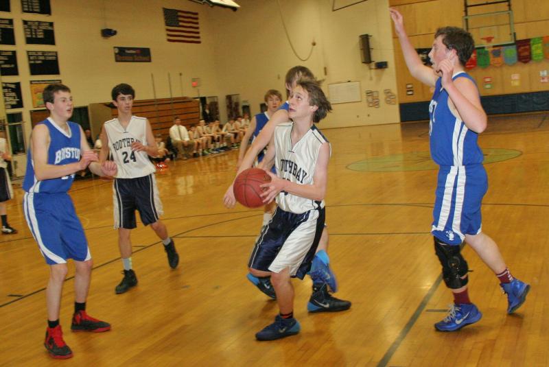 Kyle Ames drives to the basket against Bristol on Thursday, Jan. 23. Ames led Boothbay with 22 points. KEVIN BURNHAM/Boothbay Register Ames