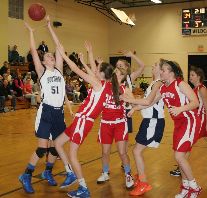 Page Brown hauls down a rebound against Camden at BRES on Thursday, Jan. 23. Brown helped lead Boothbay to a 51-38 win over Camden by scoring 18 points. KEVIN BURNHAM/Boothbay Register Brown