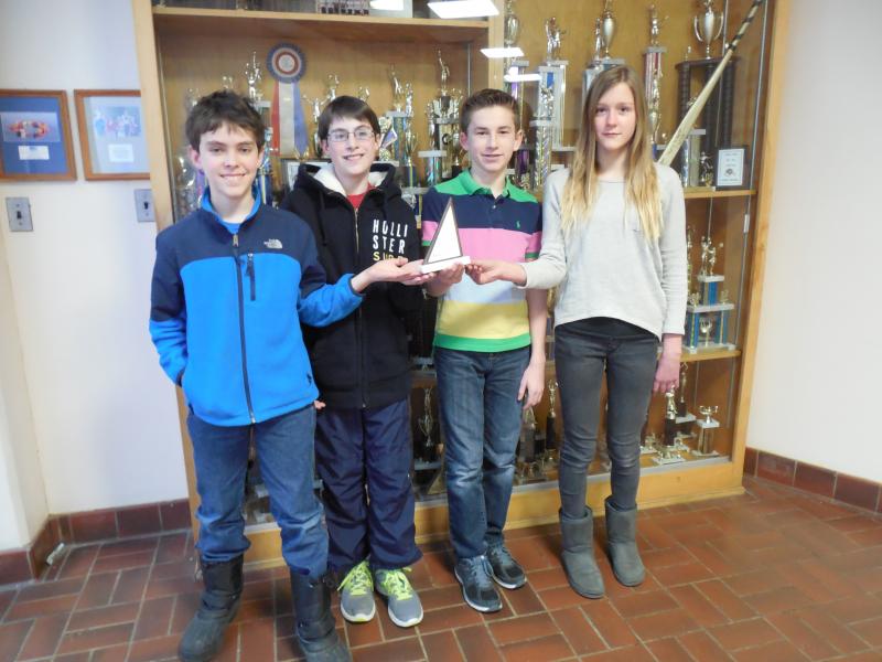 Boothbay Region Middle School’s official four-member team, from left, Max Hoecker, Will Perkins, Rick Hilscher and Loren Genrich show off their trophy. Courtesy of Rita Arnold
