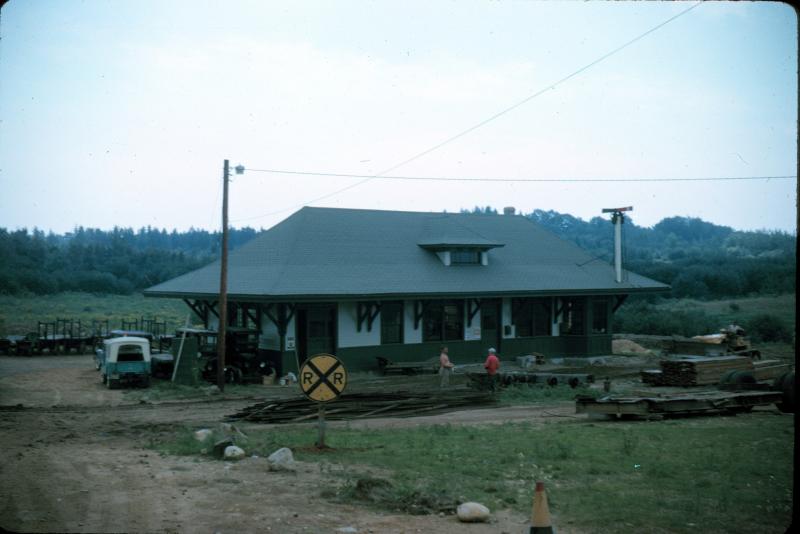 Photo taken in spring or early summer of 1964 after Freeport Station had been moved to Boothbay. Early work on the railroad tracks can be seen in the foreground.