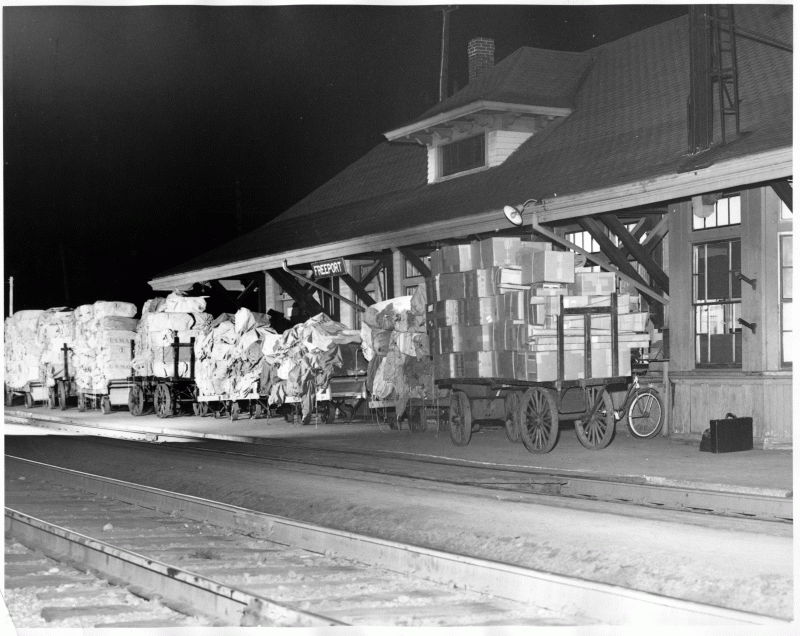Photo shared with the Boothbay Railway Museum in 1966 from L.L.Bean’s archives. The image was taken on September 30, 1955 and shows carts loaded with L.L.Bean goods ready to travel by train.