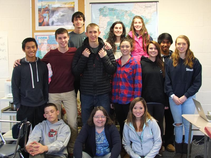 Heading to Central America: front from left, Andrew Hallinan, teacher Karol Clark, Saida Riddell; second row, from left, Jude Alamo, Jacob Leonard, Benn Scully, Hannah Winslow, Brooke Alley and Hannah Morley; back row: Gabriel Purin, Sophia Thayer, Kate Friant and Karl Alamo. SUZI THAYER/Boothbay Register
