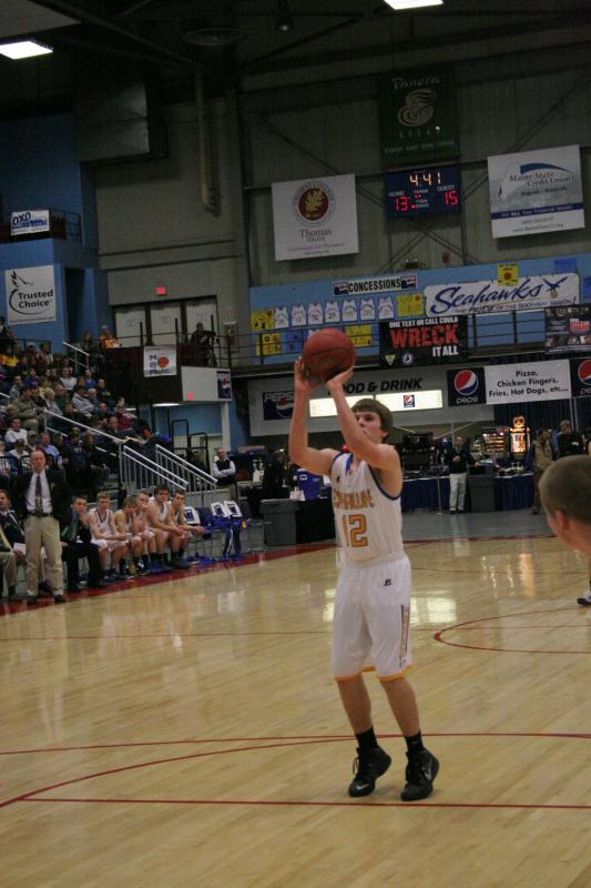 Freshman Carter Babcock attempts a free throw in Monday’s tournament game at the Augusta Civic Center. KEVIN BURNHAM/Boothbay Register Babcock