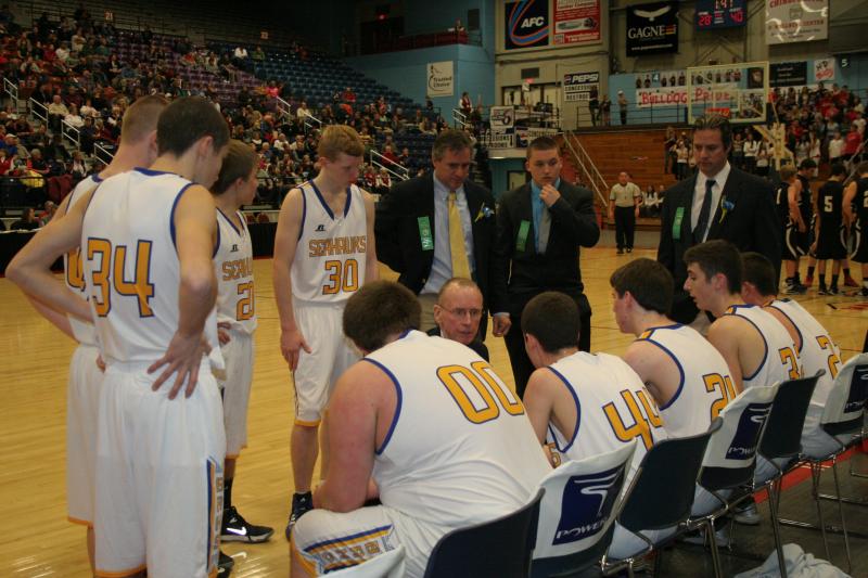 Seahawk coach I.J. Pinkham tries to rally his players during a timeout in the second half of Monday’s tournament game against Hall-Dale. KEVIN BURNHAM/Boothbay Register Pinkham
