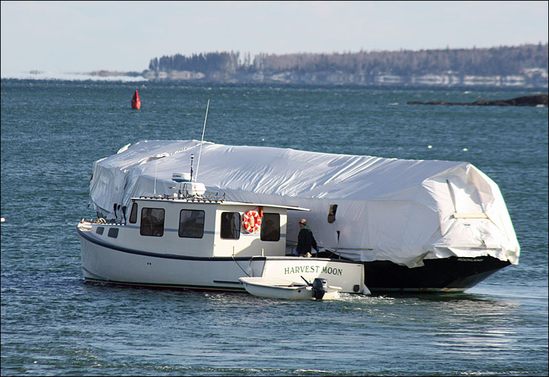 The schooner “Nathaniel Bowditch” under tow Jan. 9 in Camden Harbor after it was seized by U.S. Marshals in a foreclosure action in December. (Photo by Holly S. Edwards)