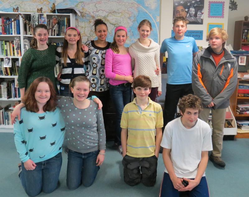 The 2014 Scholastic Writing award winners at the Center for Teaching and Learning are, from left, back row: Sophia Stafford, Maggie Larson, Amelia Genus, Teagan Guenther, Payton Sullivan, Nicholas Miaoulis and Teddy Matel; front row: Sara Powers, Charlotte Collins, Ridgely Kelly and Noah Jordan. Courtesy of Krista Woodbridge students