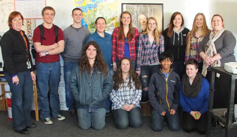 This group of Boothbay area students and teachers is off to France in April. Pictured from left, front row: Ben Betts, Dana Greenleaf, Kyle Alamo and Mariah Carreira. Back row: teacher Paulette Carter, Zachary Vise, Colin Thompson, Evie Greenleaf, Hannah Brewer, Emma Rideout, Lindsey Buckingham, Samantha Carter and teacher Nathalie (Madame) Gorey. Missing from the photo are Nicole LaBrecque and Lisa Hallinan. SUZI THAYER/Boothbay Register