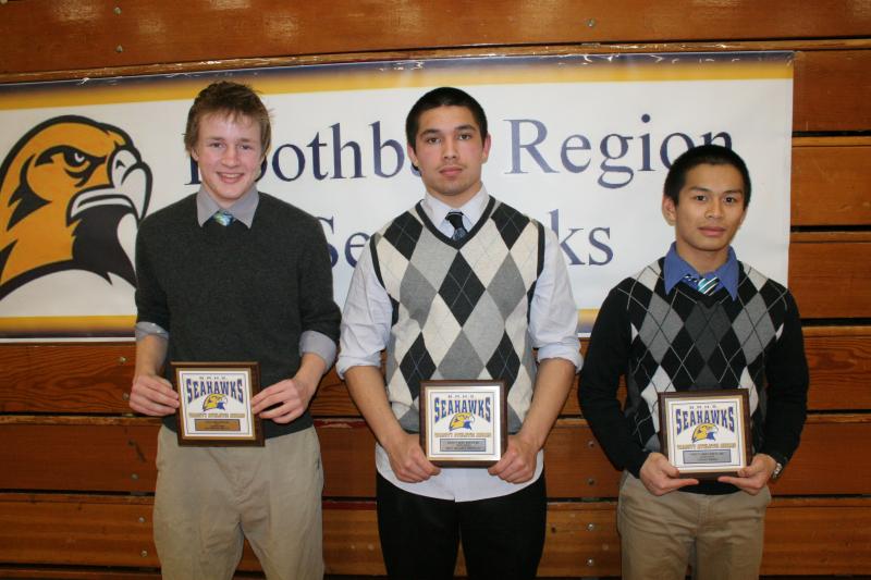BRHS wrestling team plaque winners, from left, Killian Miller, Antonio Maulolo and Jude Alamo. KEVIN BURNHAM/Boothbay Register wrestling