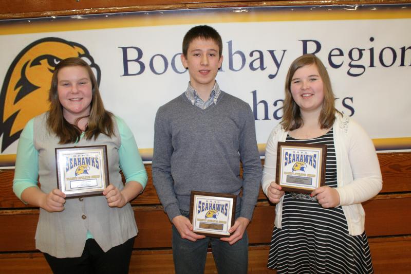 These BRHS swimmers won individual awards on March 5. From left are Chelsie Graves, Vincente Haro and Brenna Alley. KEVIN BURNHAM/Boothbay Register swimming