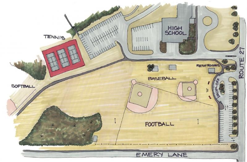 A plan by Danielle Betts showing the redesigned area where the old tennis courts were located. Courtesy of Danielle Betts of the Knickerbocker Group