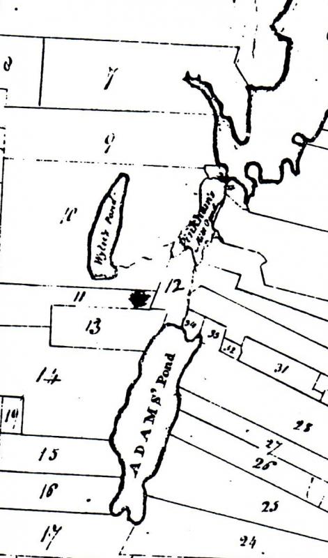 This 1815 map section shows lot #12, sold by John Farnham to the Adamses in 1769. It controlled the waterway on its right side, draining Adams Pond to the north. As many as three mills and dams were along it. Pinkhams Millpond above it was created and bulged in size when impounded by another dam in Ovens Mouth River. The Adams shipyard was just north of the upper dam on the east side I believe. Farther above on that side was their shipbuilding site down on the river at presently Shore Hills or Joan Rittall's, across from Miss Piggy. Courtesy of Boothbay Region Historical Society