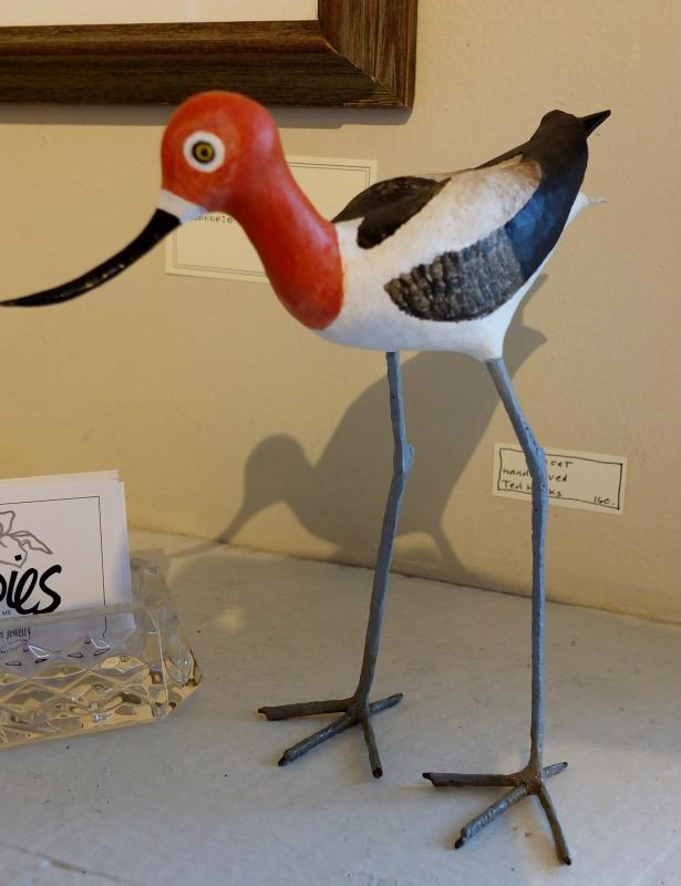 This "Avocet," handcarved by Ted Hanks, is one of the shore birds in the Hanks' exhibit running through June 30 at Gold/Smith Gallery. Avocet handcarved by Ted Hanks