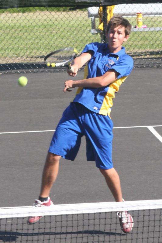 Second doubles player Vicente Haro-Hortelano stops a shot at the net. KEVIN BURNHAM/Boothbay Register