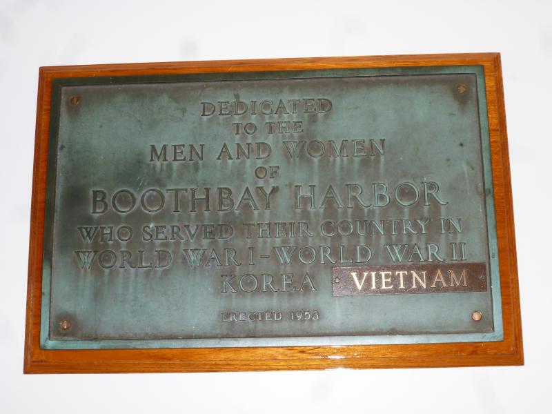 A plaque on the wall near the library's entrance honoring veterans lost in Vietnam and Korea. KATRINA CLARK/Boothbay Register
