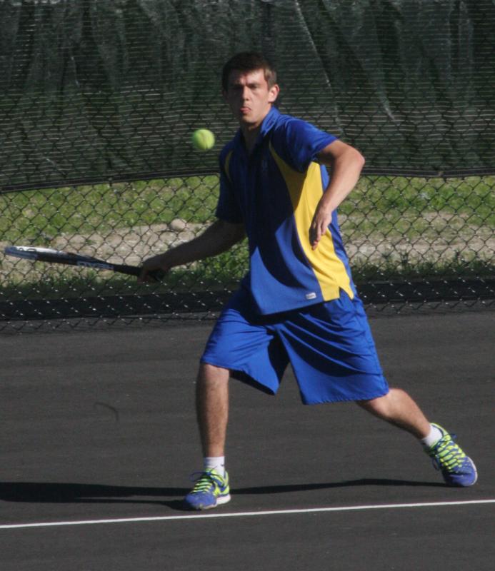 Second singles player Dan Drummond lines up a forehand shot. KEVIN BURNHAM/Boothbay Register