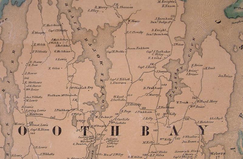 This portion of the 1857 county map shows Kelley Brook at the bottom of Pleasant Cove. Road names didn't exist in town until the 1880s and the spelling of names was still unimportant. Proceeding west from Pleasant Cove to Back River, the town road between "S.H." (schoolhouse) and "J. Kelly" still passed over the old Kelley dam decades after the mill was discontinued. Hardwick Road is between "J. Pinkham" and "T. Cleasby." The road between "J. McDougal" and "S. Wyley" crossed the millsite below Ovens Mouth River, but above the Adams mills below. The road between "I. Pinkham" and "A. Matthews" terminated at present Back River Road.