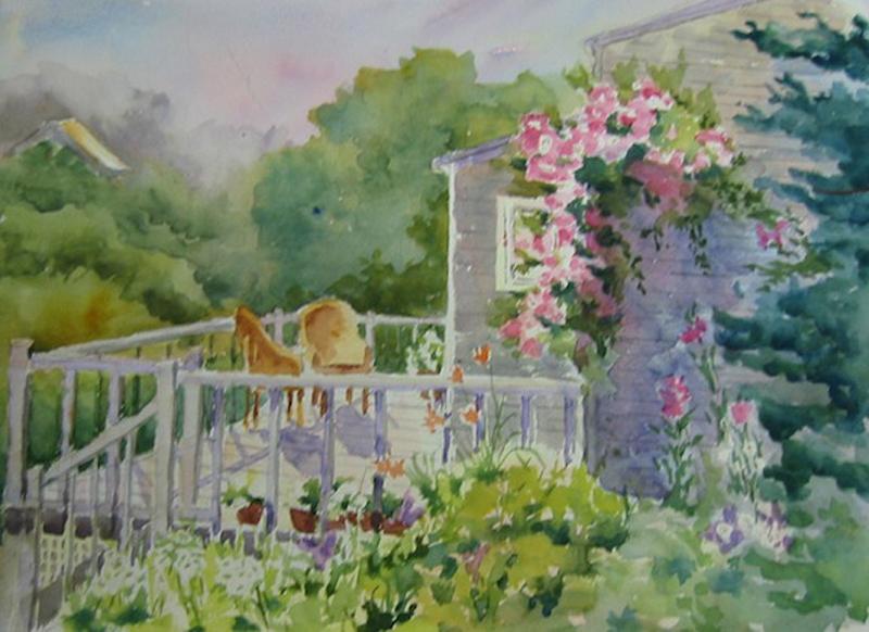 "Sunny Porch," watercolor on paper by Bob Vaughn. Bob Vaughn