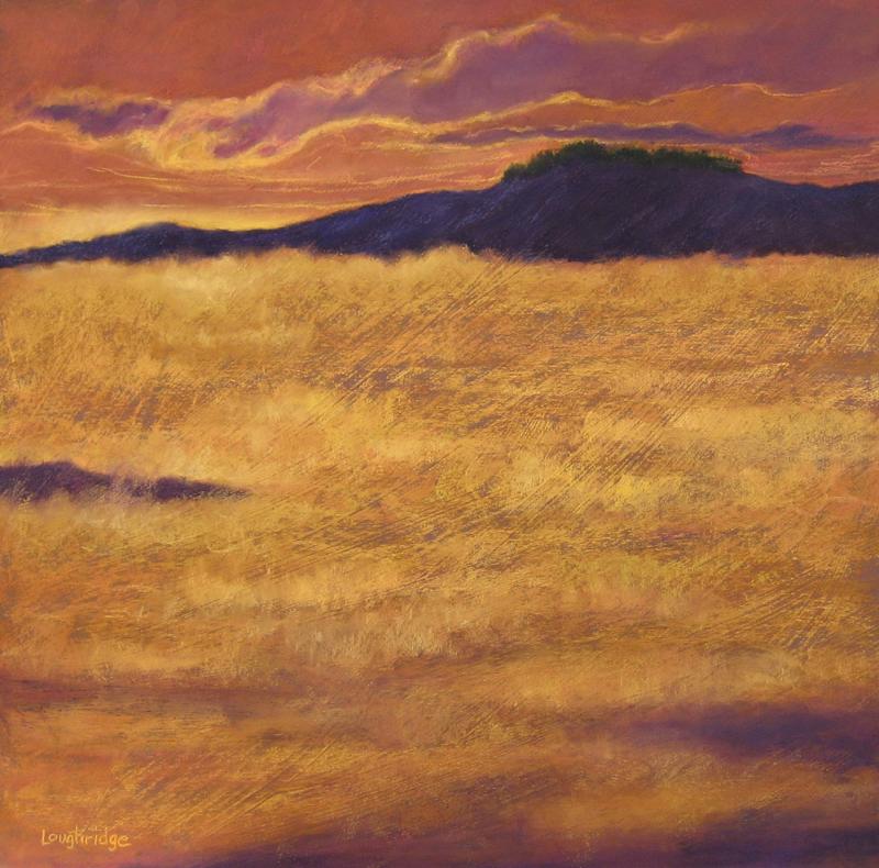 "Sea Smoke Dawn," soft pastel on panel by Sally Loughridge. Sally Loughridge