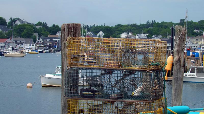 THIS PILE OF LOBSTER TRAPS at the Sea Pier in Boothbay Harbor is awaiting being set and filled with the lobsters that locals and tourists will be feasting on this summer in Boothbay Harbor. SUZI THAYER/Boothbay Register