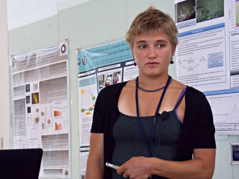 Alexa Williams talks about the oyster parasite Perkinsus marinus, and its effect on three different copepods (small crustaceans). KATRINA CLARK/Boothbay Register