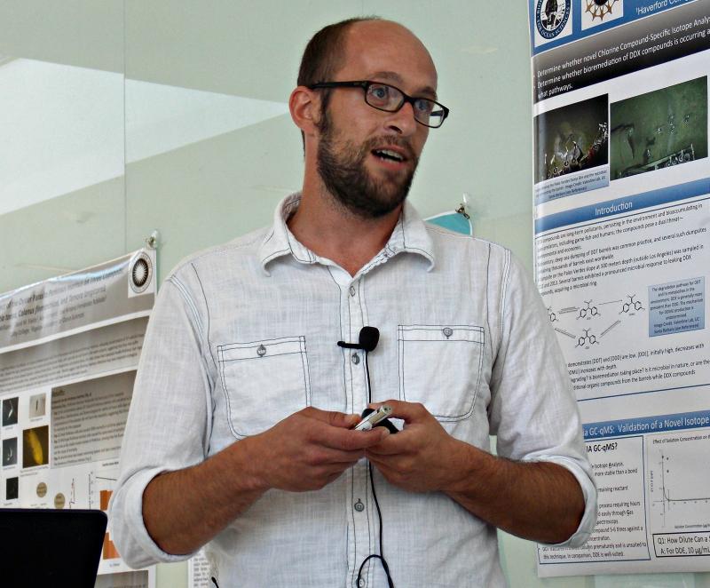 Stephen Blanchard talks about domoic acid, which is excreted by the diatom Pseudo-nitzschia under stressful conditions, and its effect on the phytoplankton community. KATRINA CLARK/Boothbay Register